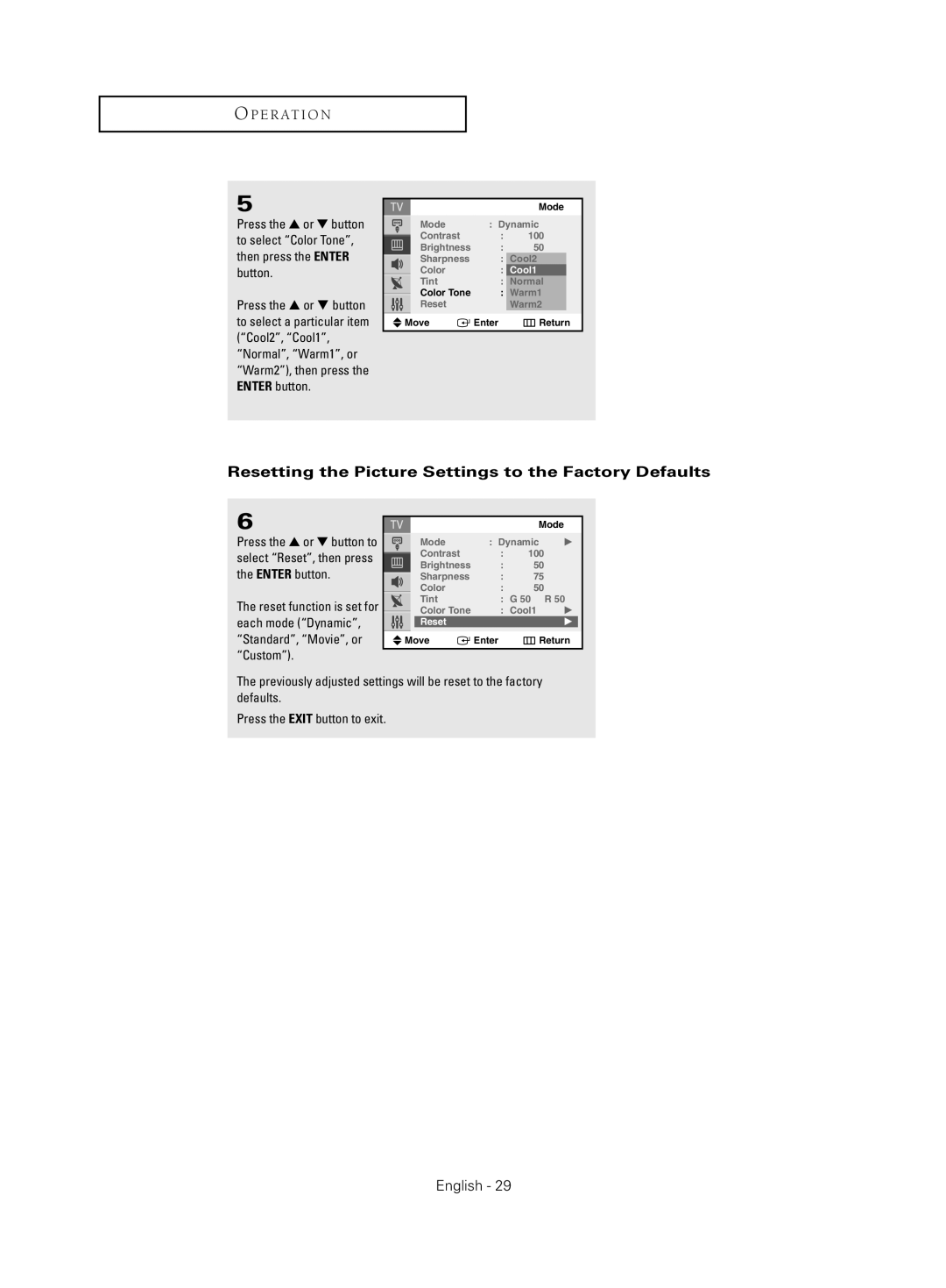 Samsung CL-21Z30 manual Resetting the Picture Settings to the Factory Defaults 