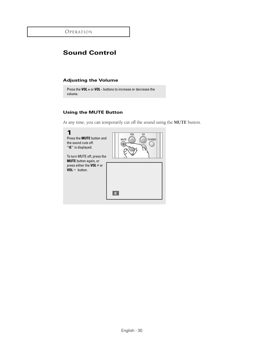 Samsung CL-21Z30 manual Sound Control, Adjusting the Volume, Using the Mute Button 