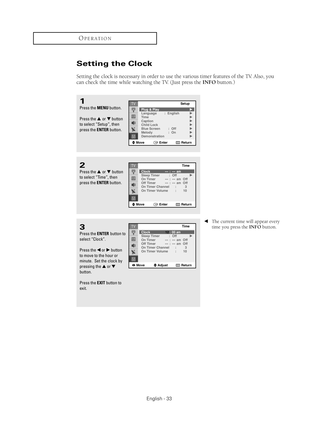 Samsung CL-21Z30 manual Setting the Clock 