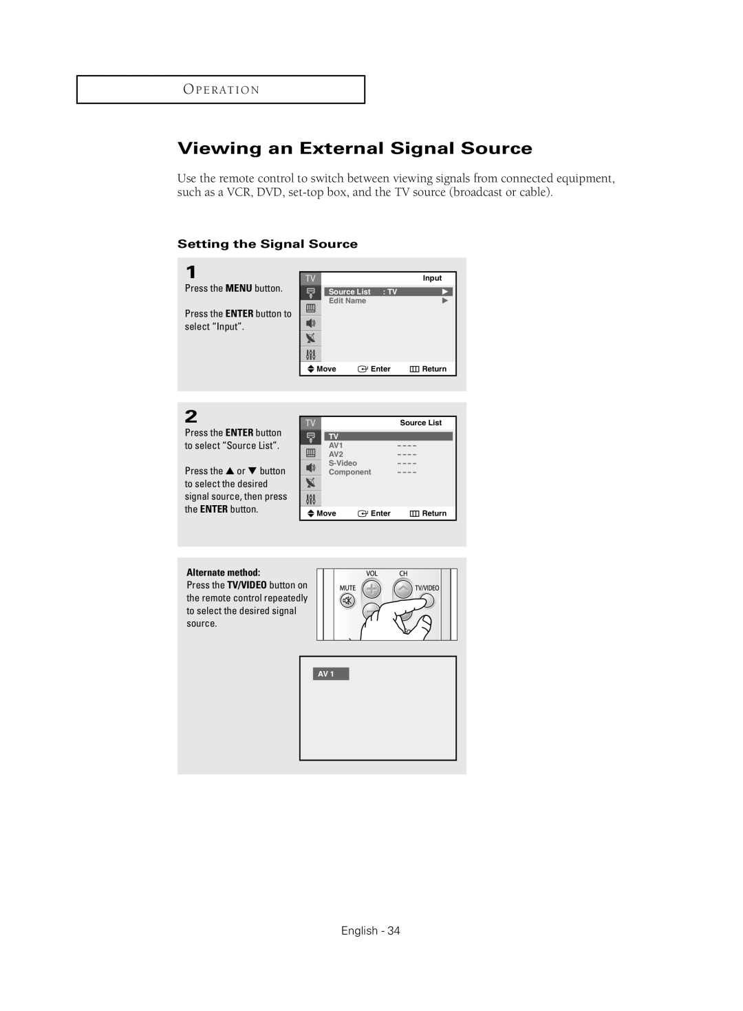 Samsung CL-21Z30 manual Viewing an External Signal Source, Setting the Signal Source 