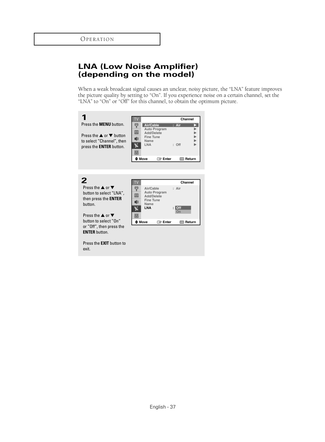 Samsung CL-21Z30 manual LNA Low Noise Amplifier depending on the model 