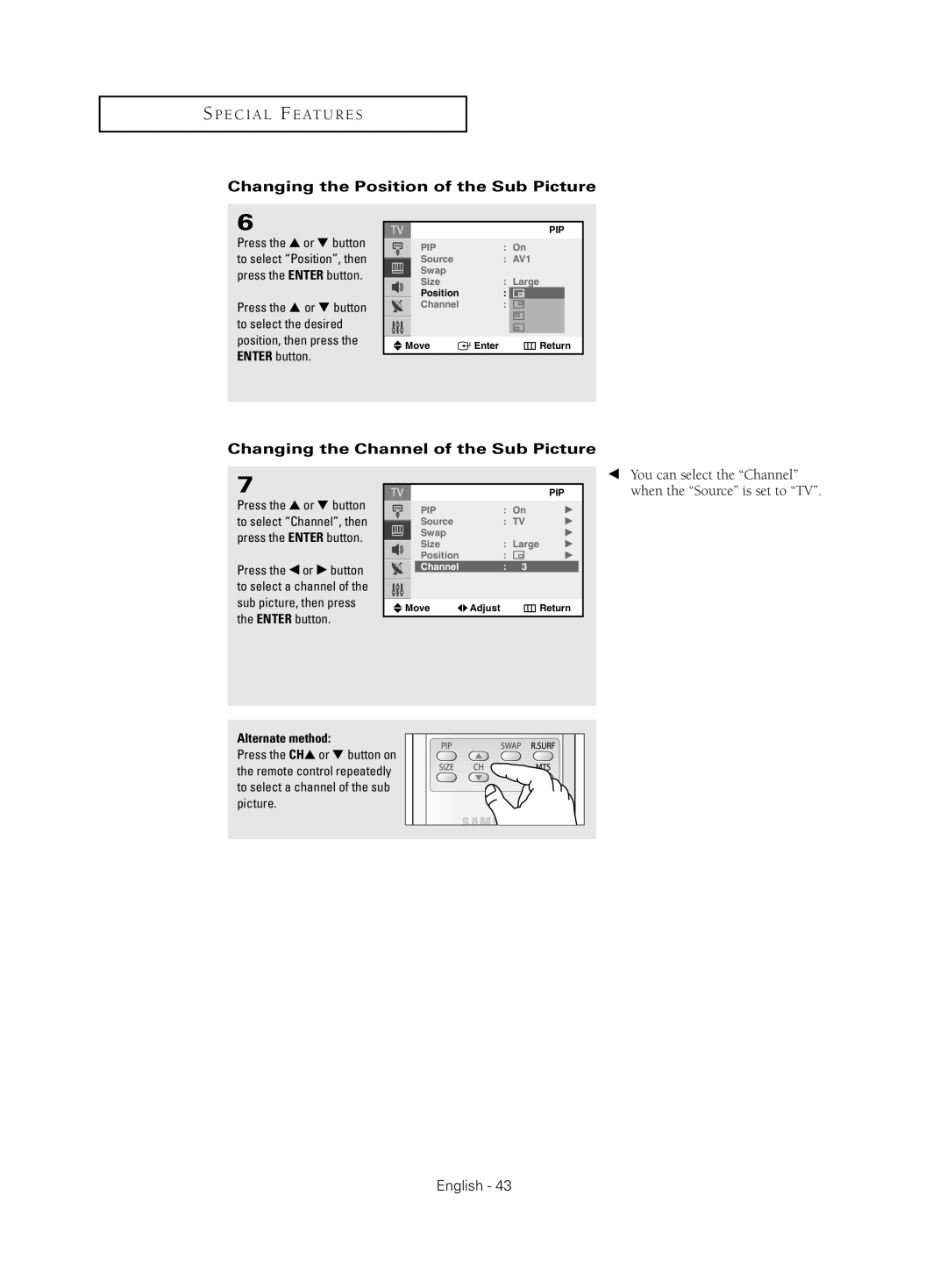 Samsung CL-21Z30 manual Changing the Position of the Sub Picture, Changing the Channel of the Sub Picture 