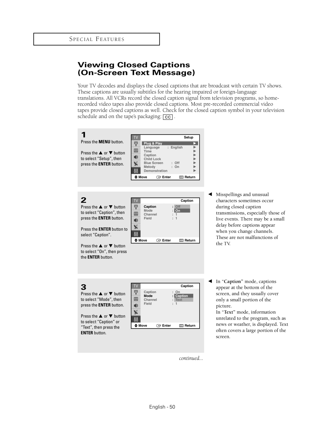 Samsung CL-21Z30 manual Viewing Closed Captions On-Screen Text Message, Press the Enter button to select Caption 