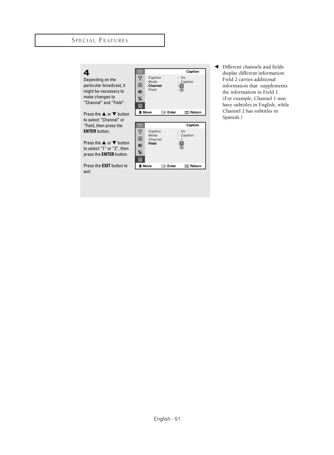 Samsung CL-21Z30 manual Caption Mode Channel Field Move Enter Return 