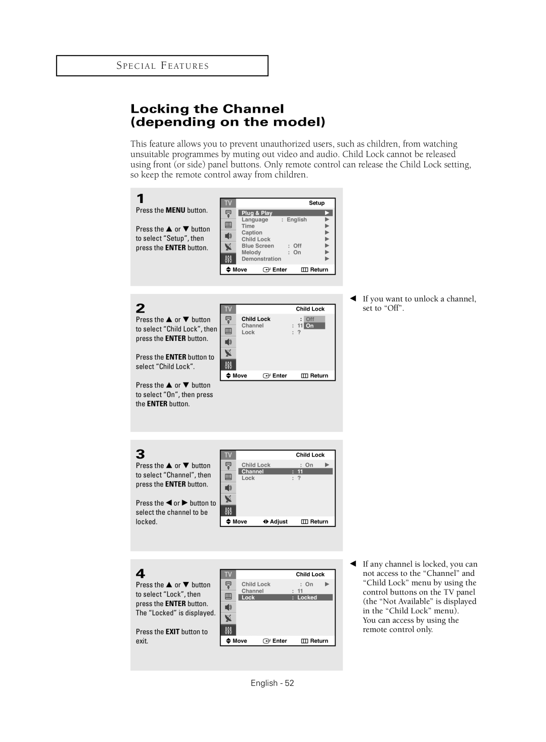 Samsung CL-21Z30 Locking the Channel depending on the model, Press the œ or √ button to select the channel to be locked 