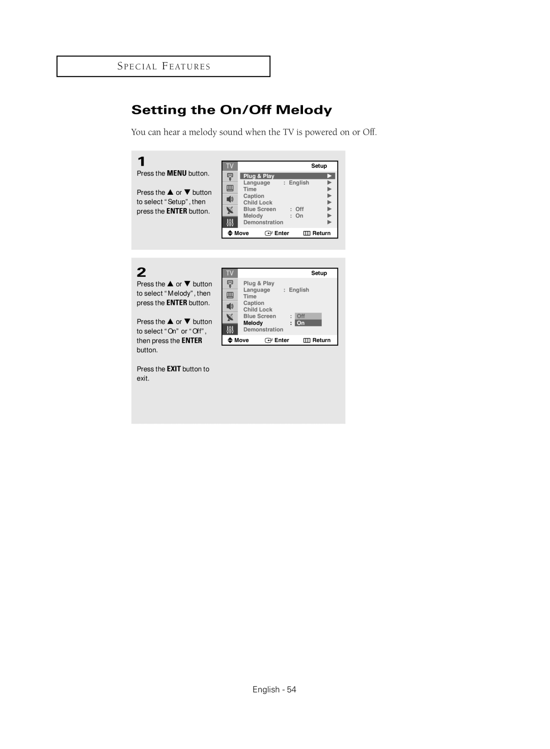 Samsung CL-21Z30 manual Setting the On/Off Melody 