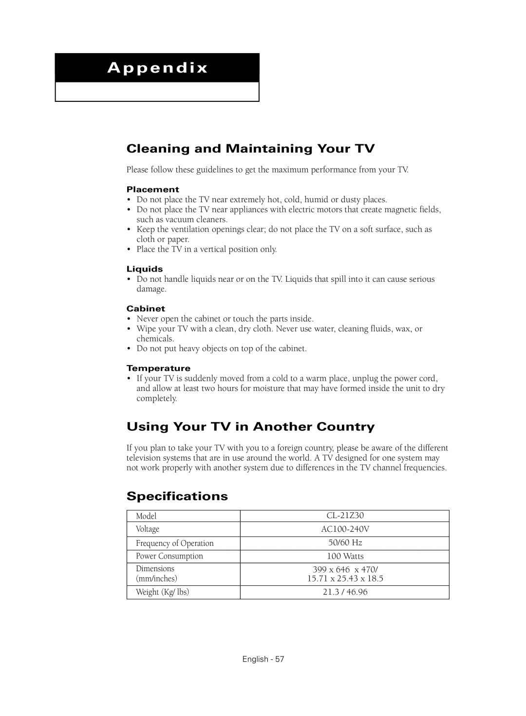 Samsung CL-21Z30 manual Cleaning and Maintaining Your TV, Using Your TV in Another Country, Specifications 