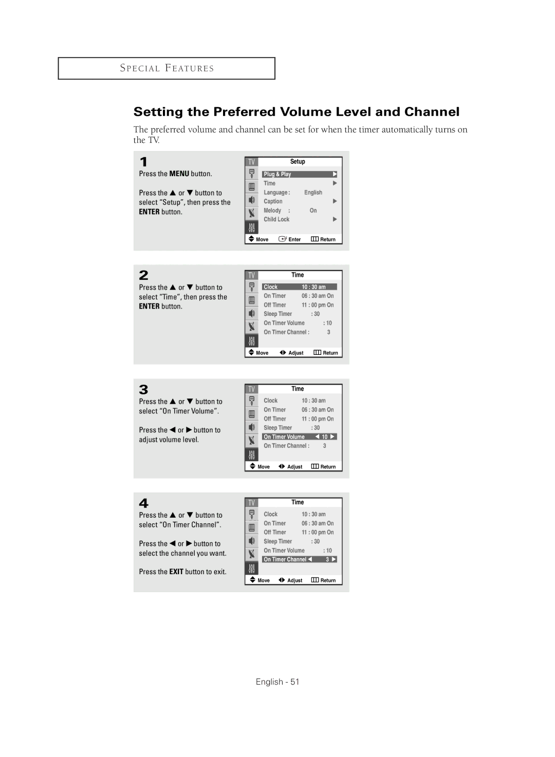 Samsung CL-32M30HS manual Setting the Preferred Volume Level and Channel, Press the œ or √ button to adjust volume level 