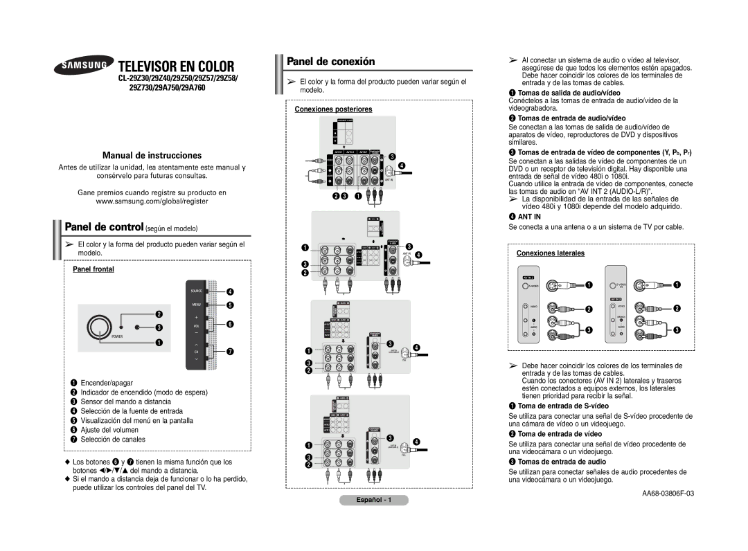 Samsung 29Z730, CL-29Z30, 29Z57, 29Z50, 29Z58, 29Z760, 29Z40 manual Panel de control según el modelo, Panel de conexión, Ant 