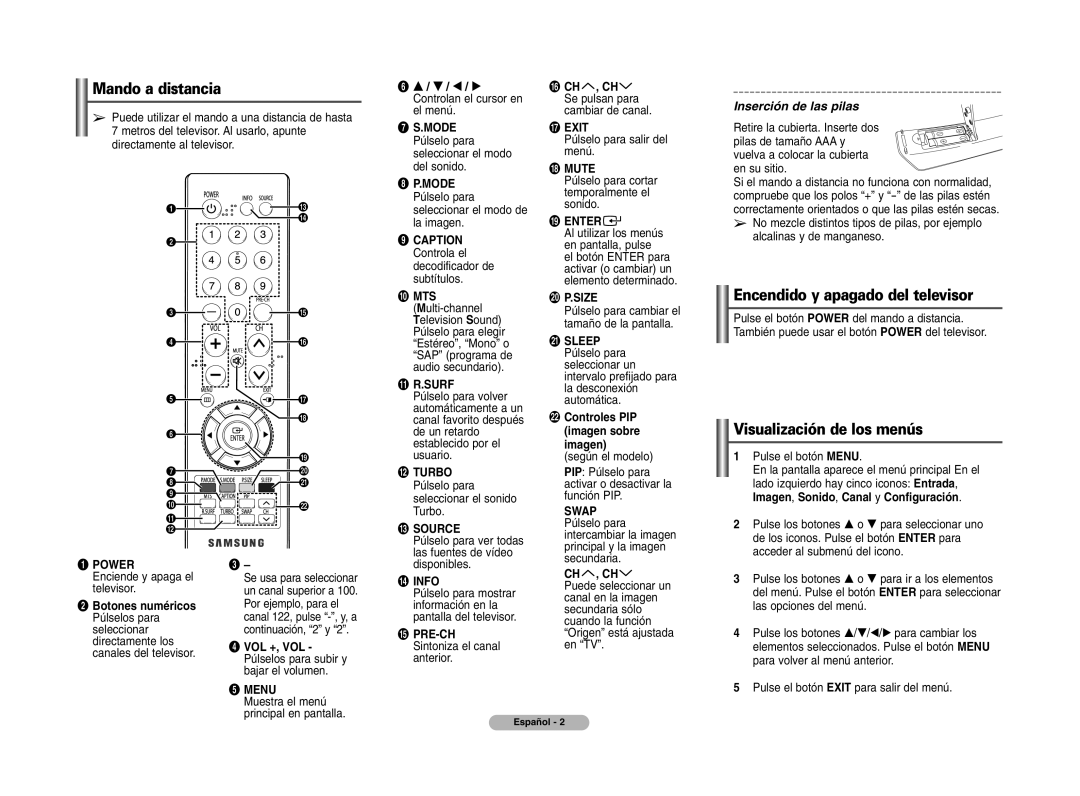 Samsung 29Z57 Mando a distancia, Encendido y apagado del televisor, Visualización de los menús, Inserción de las pilas 