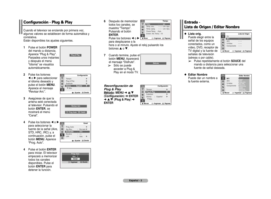 Samsung 29Z50, CL-29Z30, 29Z730, 29Z57, 29Z58, 29Z760, 29Z40 Configuración Plug & Play, Entrada Lista de Origen / Editar Nombre 