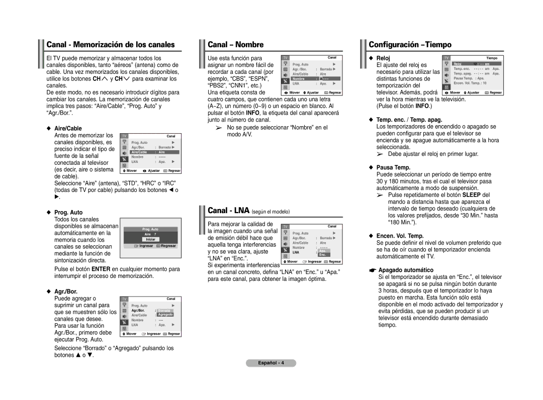 Samsung 29Z58, CL-29Z30, 29Z730, 29Z57, 29Z50, 29Z760 Canal Memorización de los canales, Canal Nombre, Configuración -Tiempo 