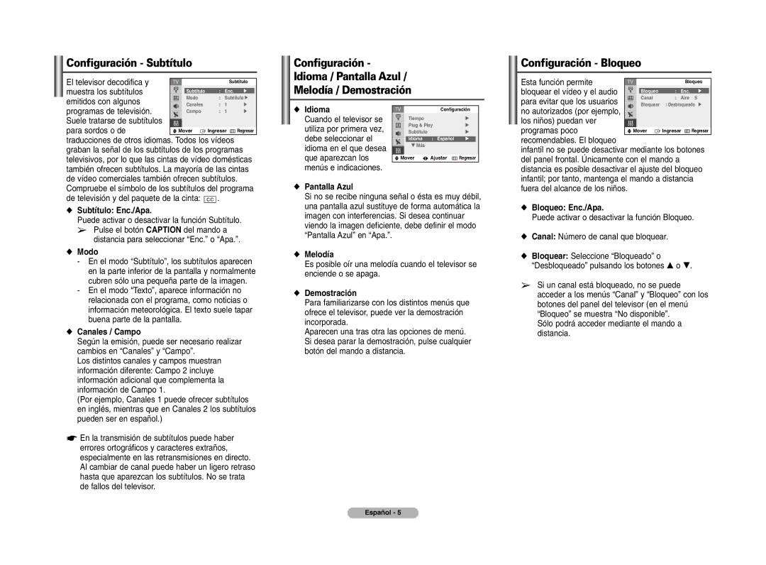 Samsung 29Z760, CL-29Z30 Configuración Subtítulo, El televisor decodifica y, Muestra los subtítulos, Emitidos con algunos 