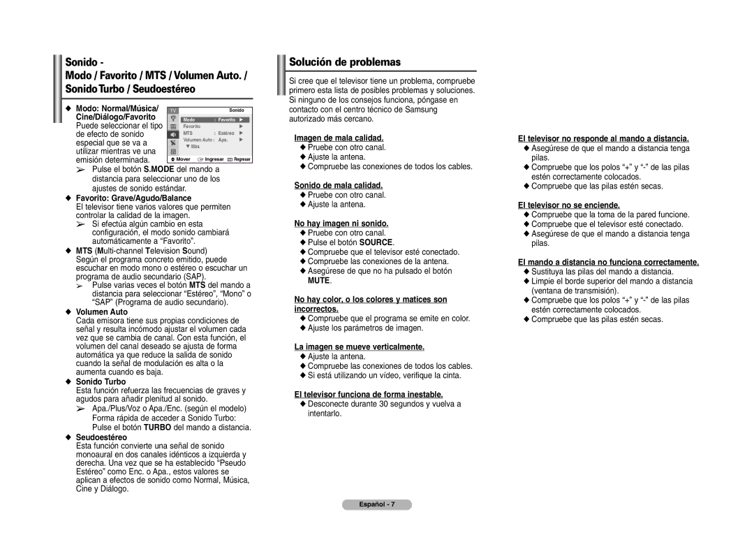 Samsung 29Z750, 29Z730 Imagen de mala calidad, El televisor no responde al mando a distancia, Favorito Grave/Agudo/Balance 