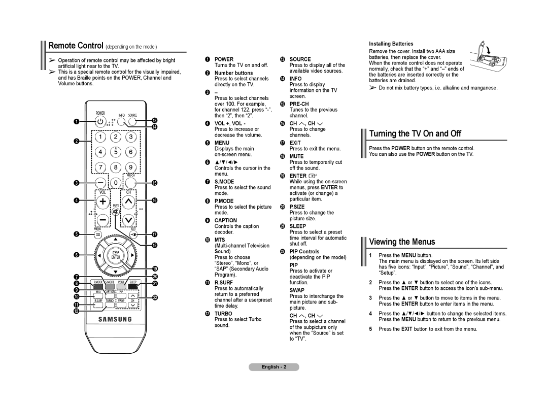 Samsung CL-29Z30, CL-29Z40, CL-29Z50, CL-29Z57, CL-29Z58 manual Turning the TV On and Off, Viewing the Menus 