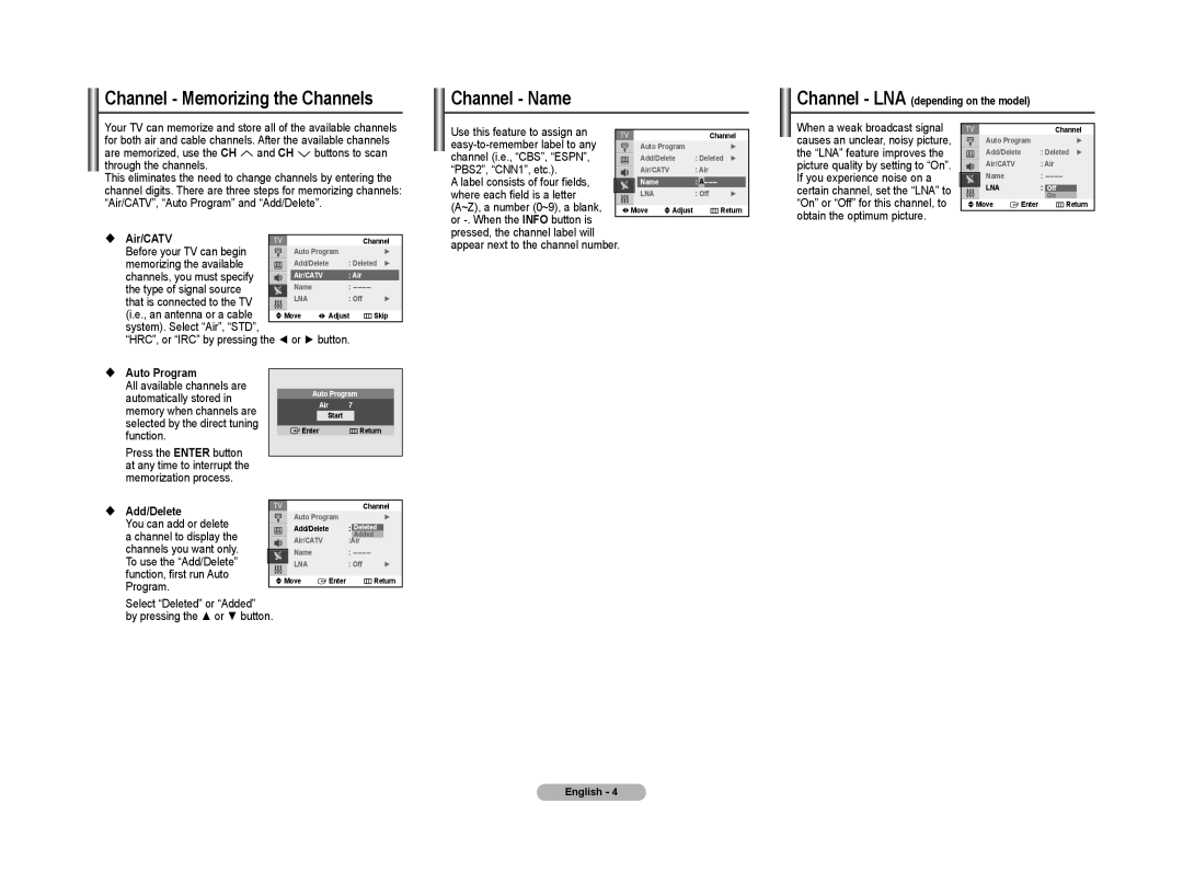 Samsung CL-29Z30, CL-29Z40, CL-29Z50, CL-29Z57, CL-29Z58 manual Channel Memorizing the Channels Channel Name 