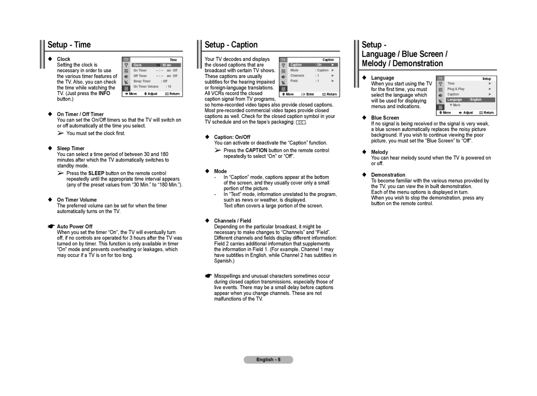 Samsung CL-29Z30, CL-29Z40, CL-29Z50, CL-29Z57, CL-29Z58 manual Setup Time Setup Caption 