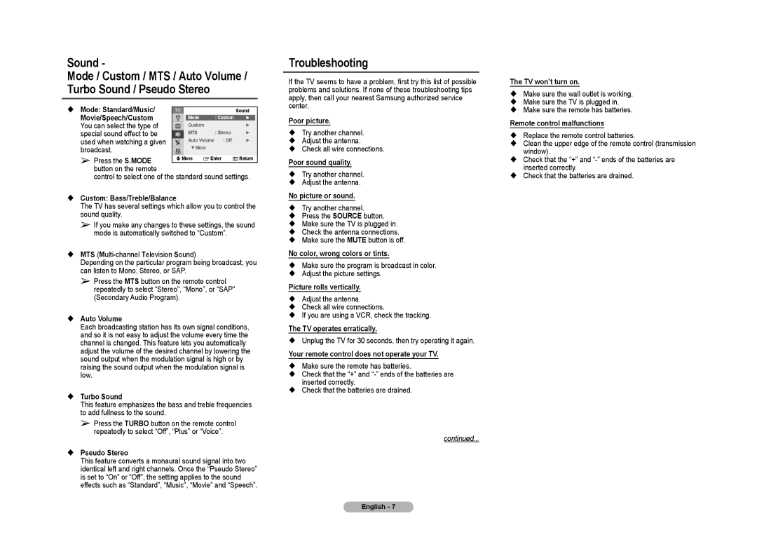 Samsung CL-29Z30, CL-29Z40, CL-29Z50, CL-29Z57, CL-29Z58 manual Troubleshooting 