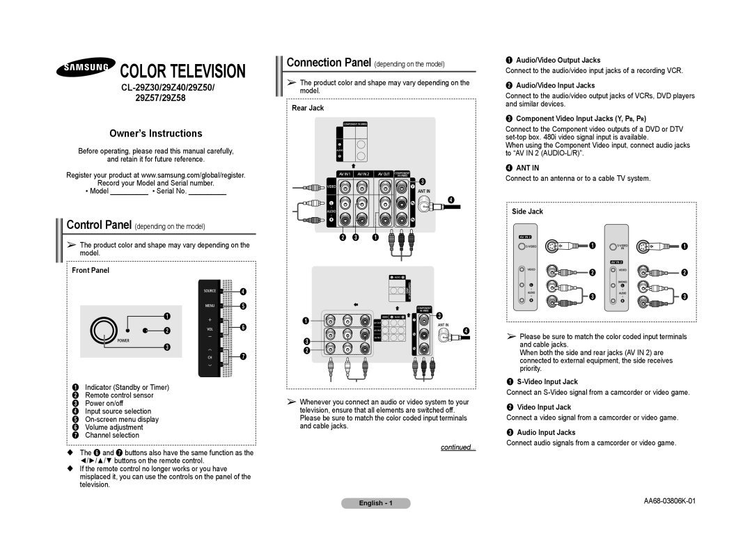 Samsung CL-29Z30, CL-29Z40, CL-29Z50, CL-29Z57, CL-29Z58 manual continued, Color Television, Owner’s Instructions 