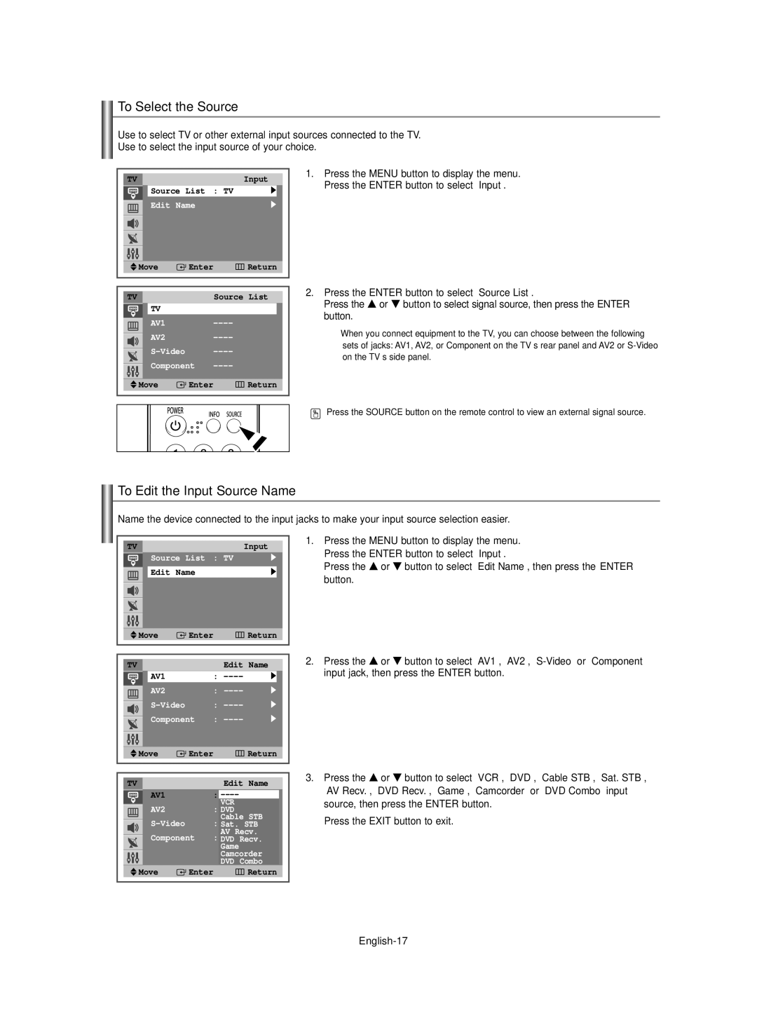 Samsung CL-29Z30, CL-29Z40 manual To Select the Source, To Edit the Input Source Name 