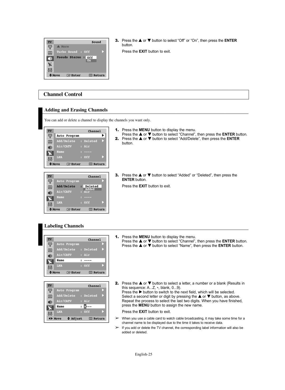 Samsung CL-29Z30, CL-29Z40 manual Channel Control, Adding and Erasing Channels, Labeling Channels 