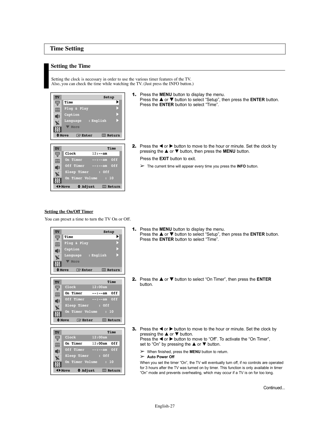 Samsung CL-29Z30, CL-29Z40 manual Time Setting, Setting the Time, Setting the On/Off Timer 