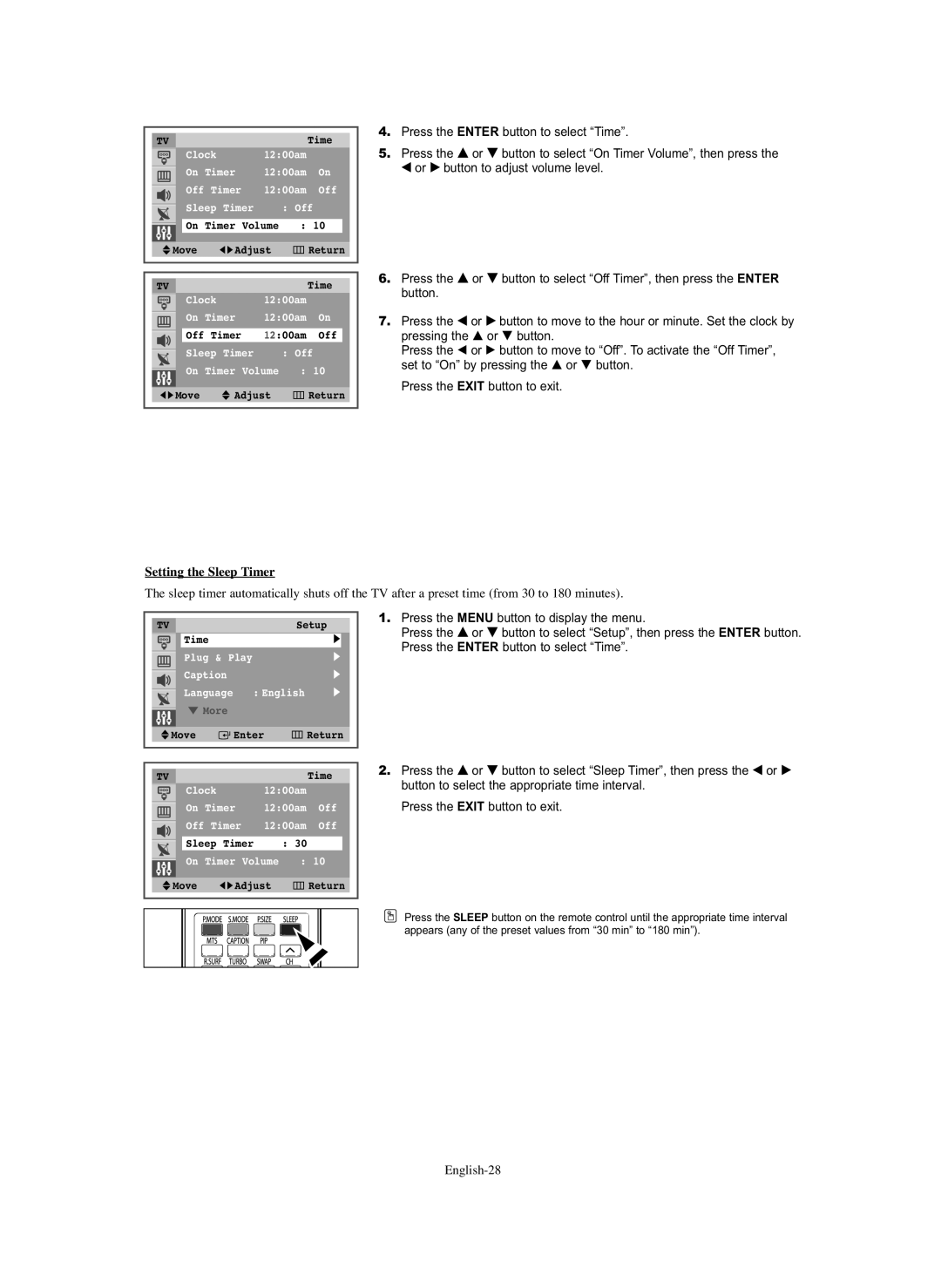 Samsung CL-29Z30, CL-29Z40 manual Setting the Sleep Timer 