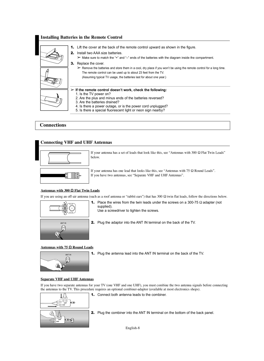 Samsung CL-29Z30, CL-29Z40 manual Connections, Installing Batteries in the Remote Control, Connecting VHF and UHF Antennas 
