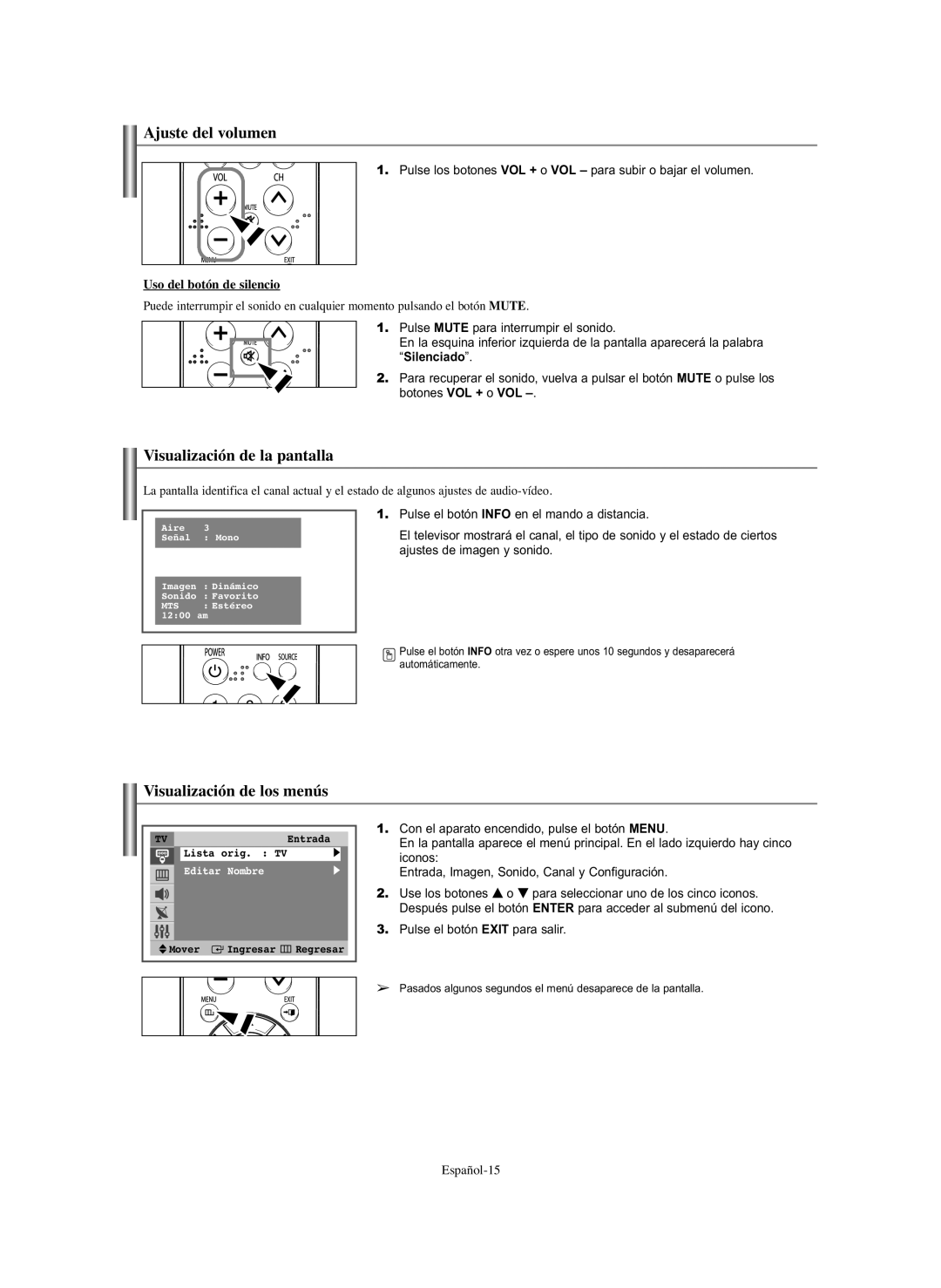 Samsung CL-29Z40 Ajuste del volumen, Visualización de la pantalla, Visualización de los menús, Uso del botón de silencio 