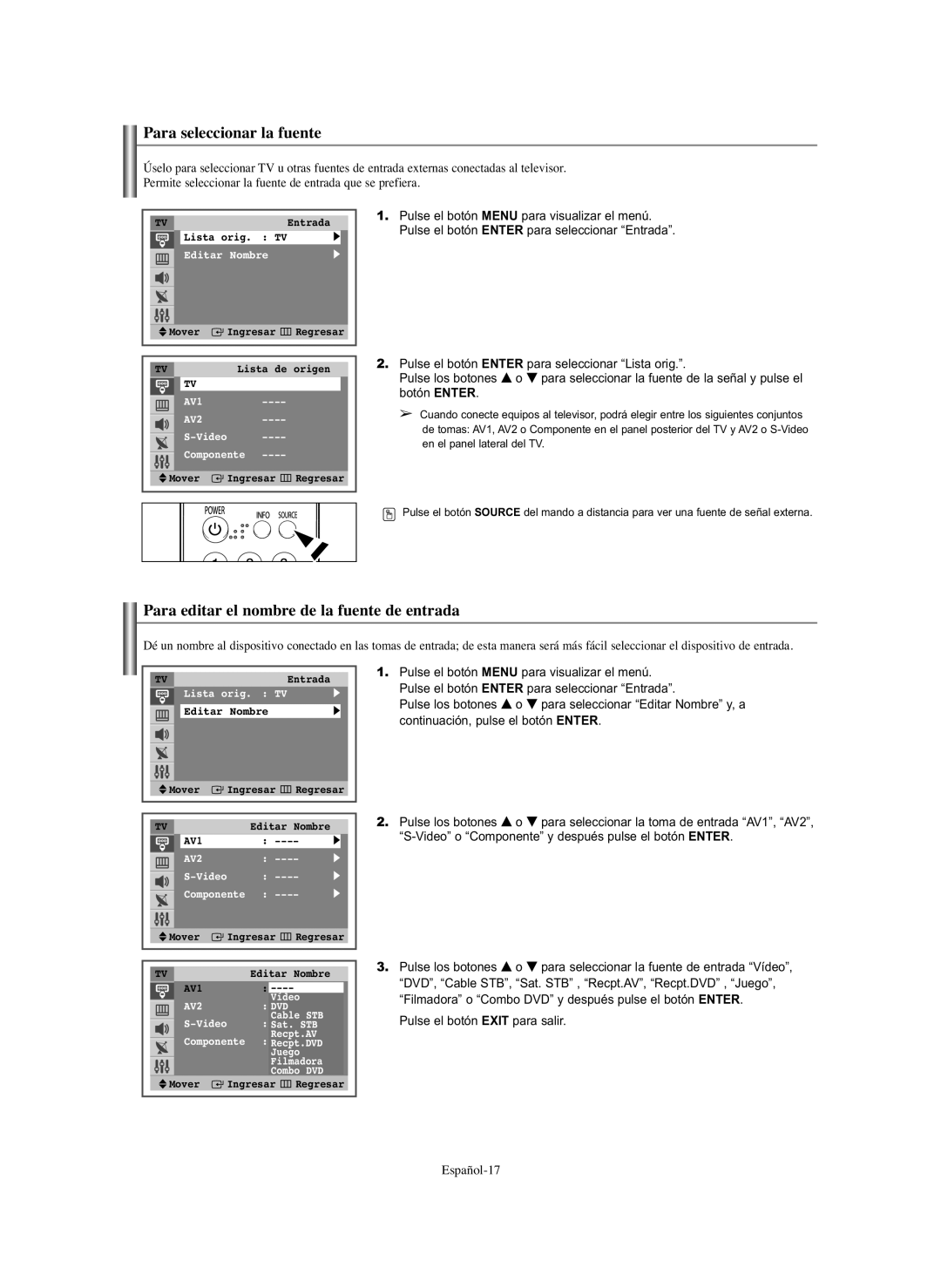 Samsung CL-29Z40, CL-29Z30 manual Para seleccionar la fuente, Para editar el nombre de la fuente de entrada 