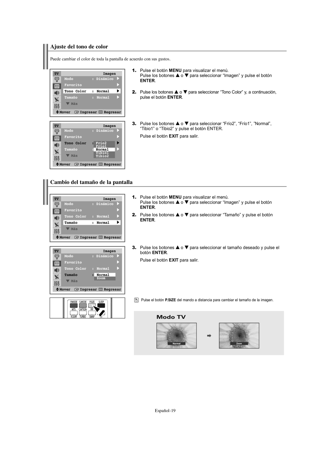 Samsung CL-29Z40, CL-29Z30 manual Ajuste del tono de color, Cambio del tamaño de la pantalla 