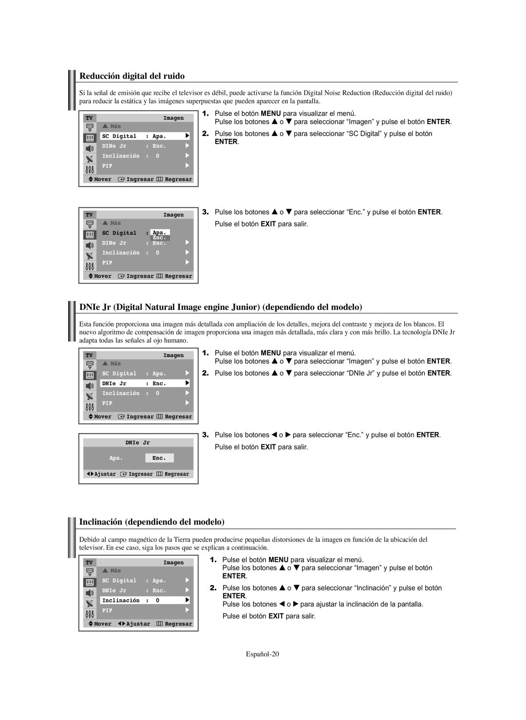 Samsung CL-29Z30, CL-29Z40 manual Reducción digital del ruido, Inclinación dependiendo del modelo 