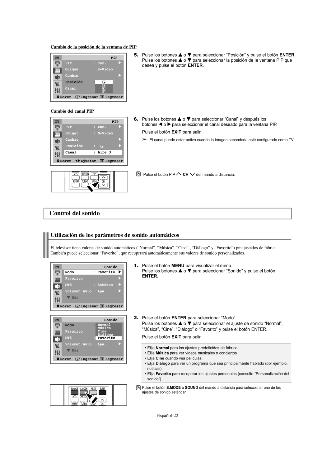 Samsung CL-29Z30, CL-29Z40 Control del sonido, Utilización de los parámetros de sonido automáticos, Cambio del canal PIP 