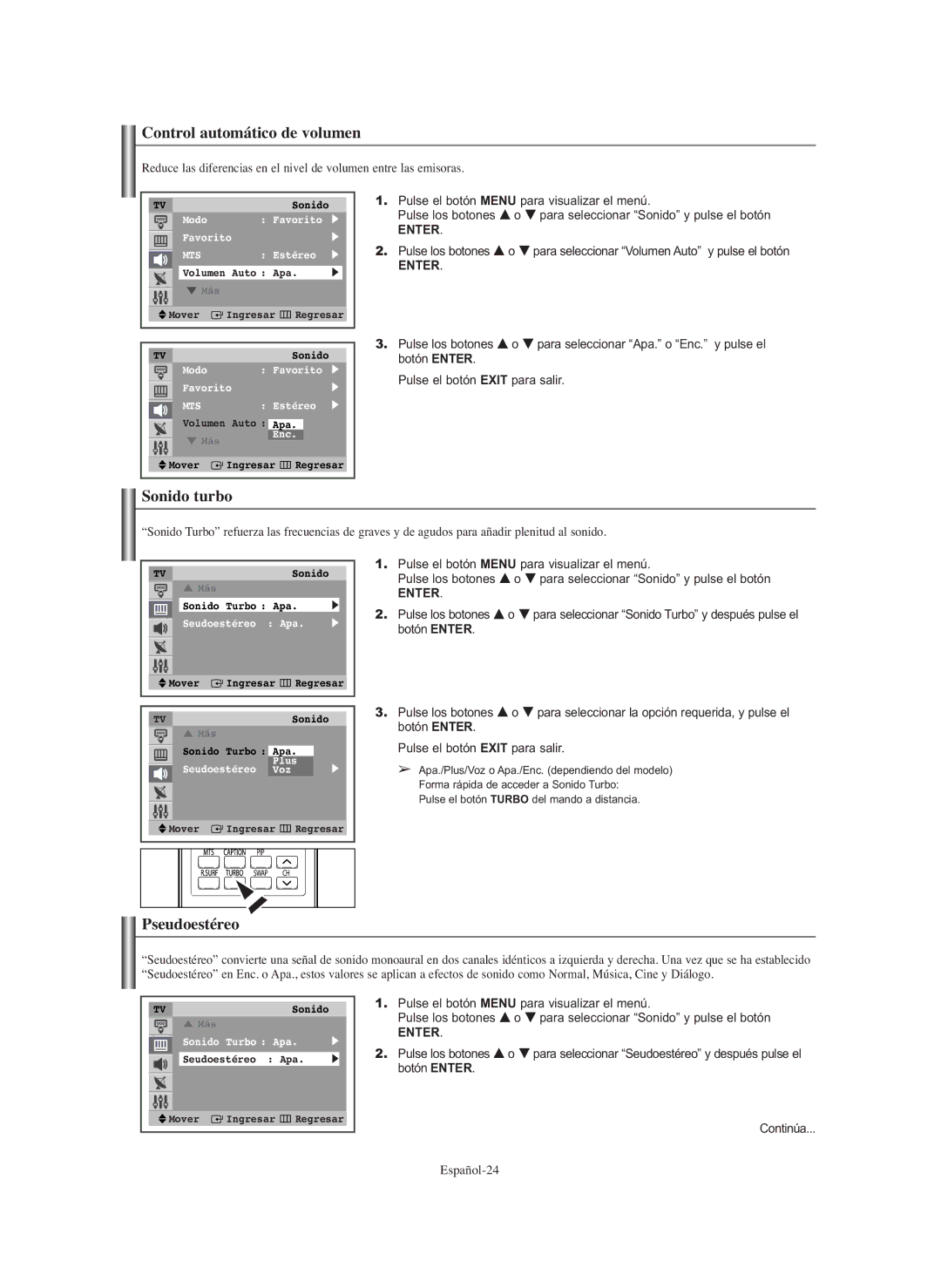 Samsung CL-29Z30, CL-29Z40 manual Control automático de volumen, Sonido turbo, Pseudoestéreo 