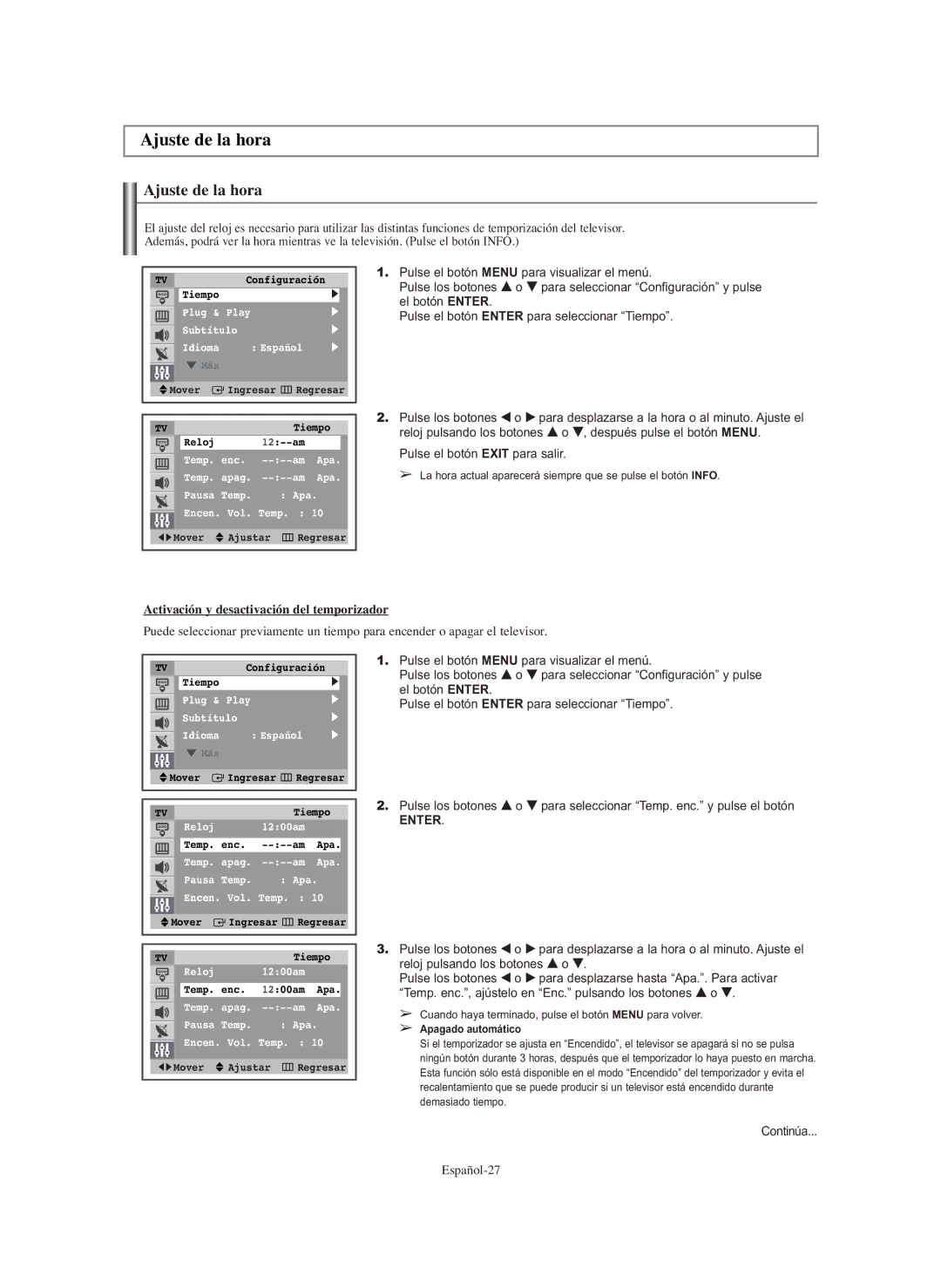 Samsung CL-29Z40, CL-29Z30 manual Ajuste de la hora, Activación y desactivación del temporizador 