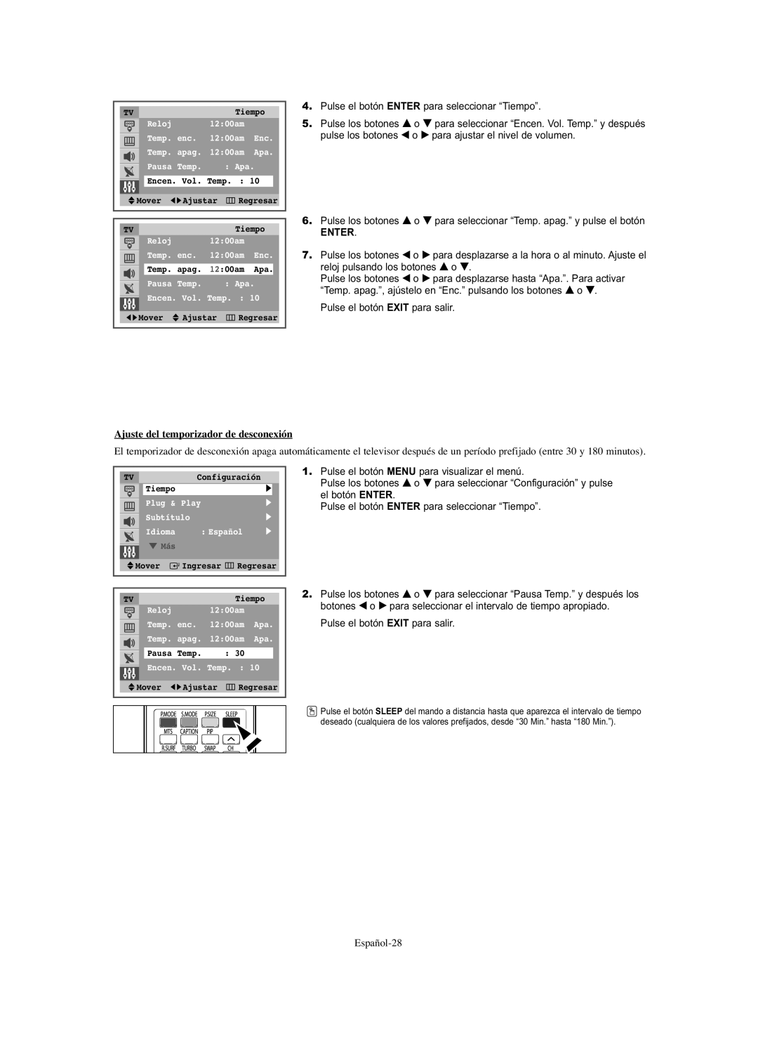 Samsung CL-29Z30, CL-29Z40 manual Ajuste del temporizador de desconexión 