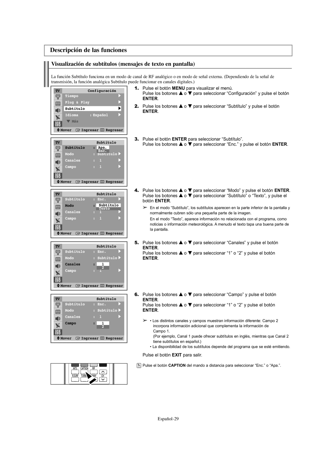 Samsung CL-29Z40, CL-29Z30 manual Descripción de las funciones, Visualización de subtítulos mensajes de texto en pantalla 