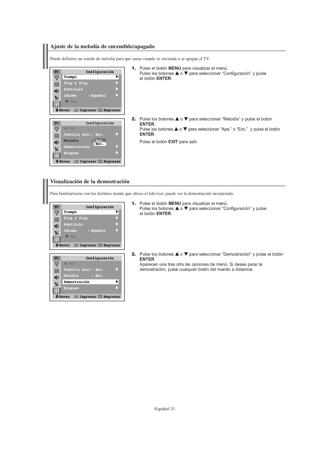 Samsung CL-29Z40, CL-29Z30 manual Ajuste de la melodía de encendido/apagado, Visualización de la demostración 