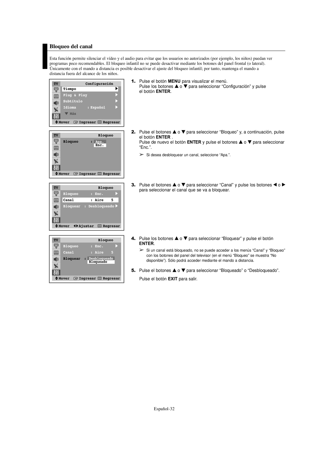 Samsung CL-29Z30, CL-29Z40 manual Bloqueo del canal 