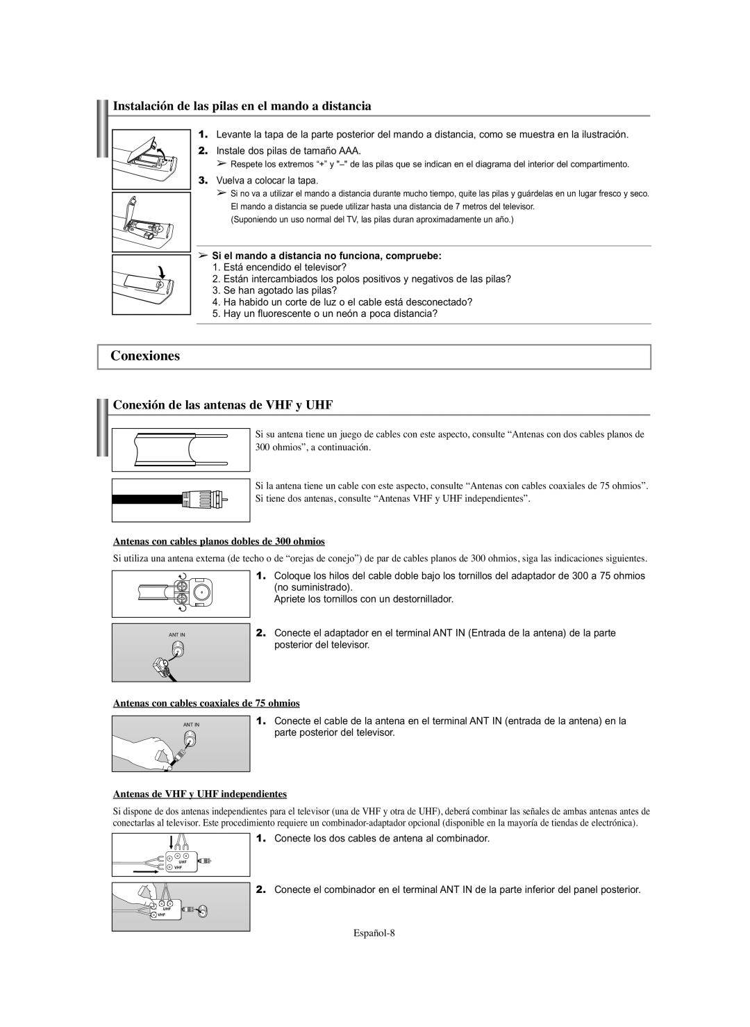 Samsung CL-29Z30 manual Conexiones, Instalación de las pilas en el mando a distancia, Conexión de las antenas de VHF y UHF 