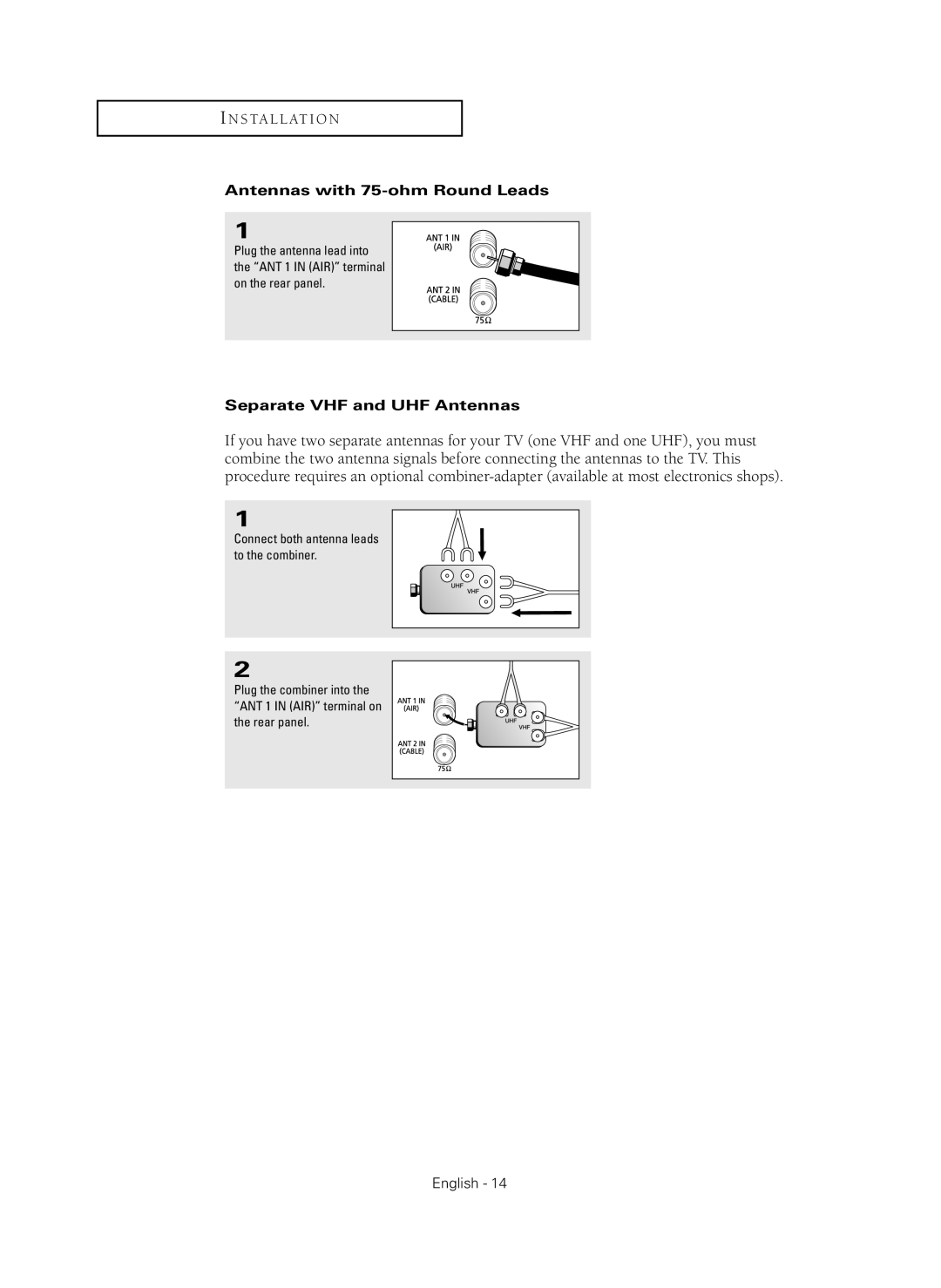 Samsung CL-29Z40MQ manual Antennas with 75-ohm Round Leads, Separate VHF and UHF Antennas 