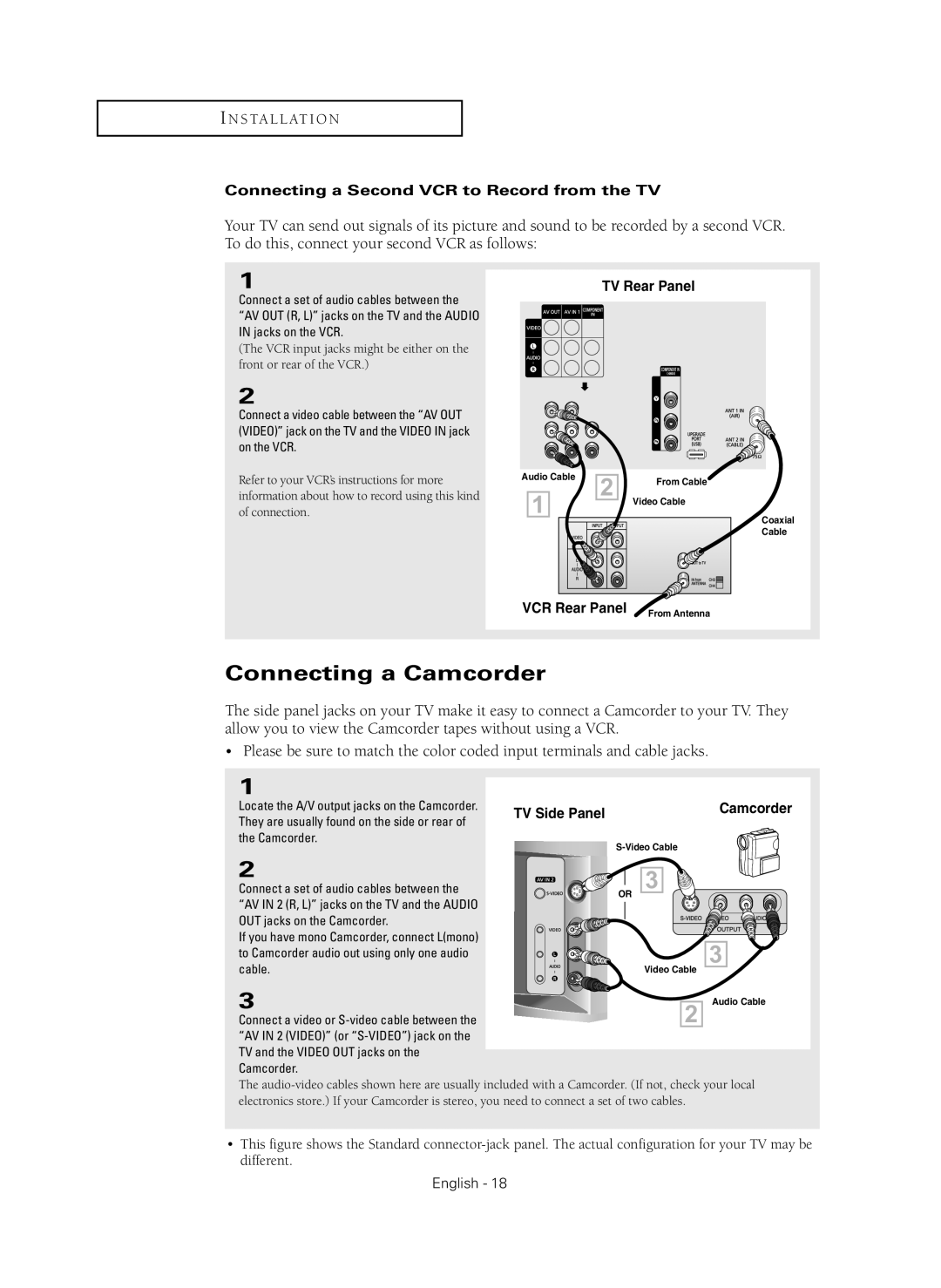 Samsung CL-29Z40MQ manual Connecting a Camcorder, Connecting a Second VCR to Record from the TV 