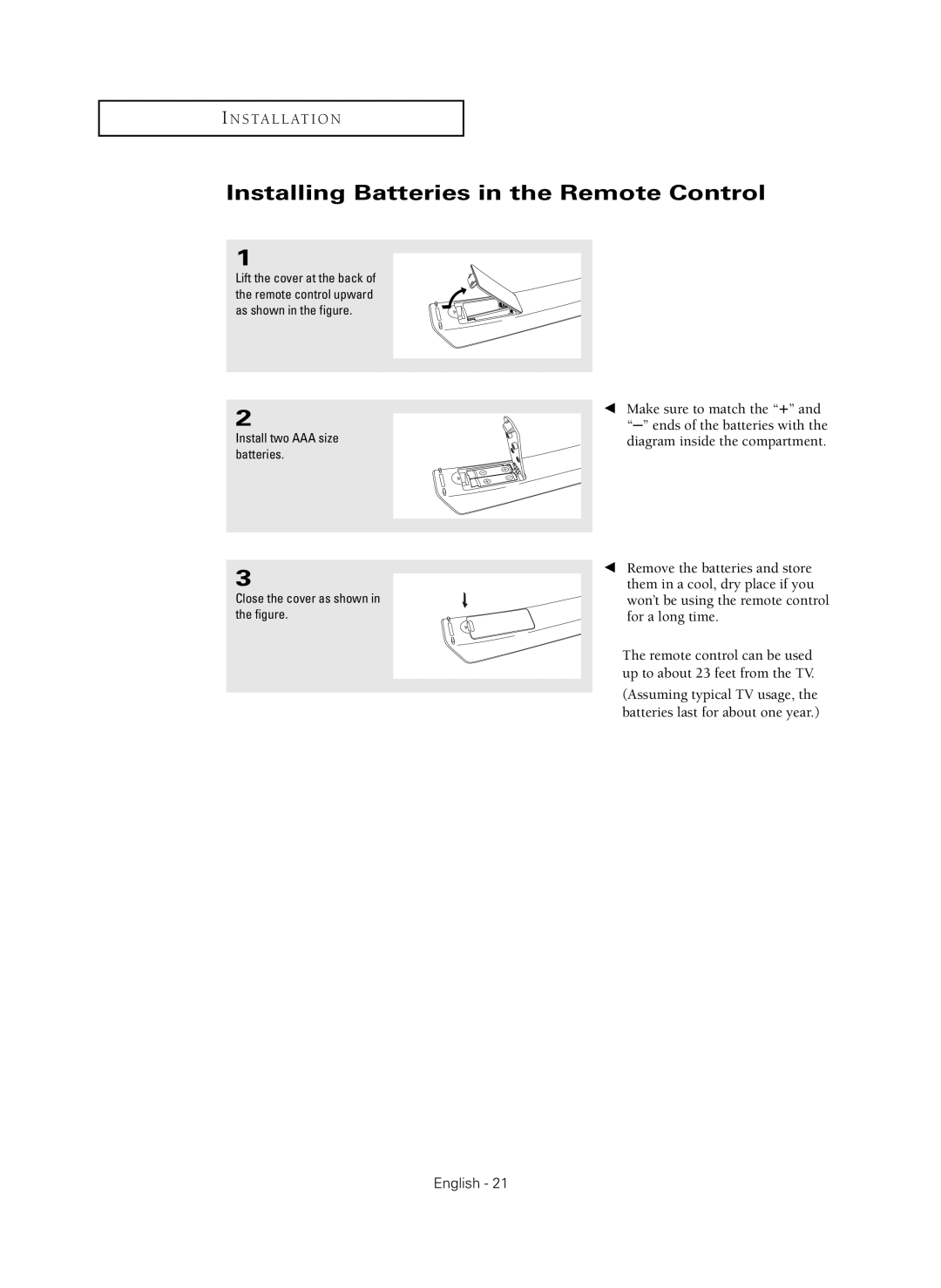 Samsung CL-29Z40MQ manual Installing Batteries in the Remote Control 