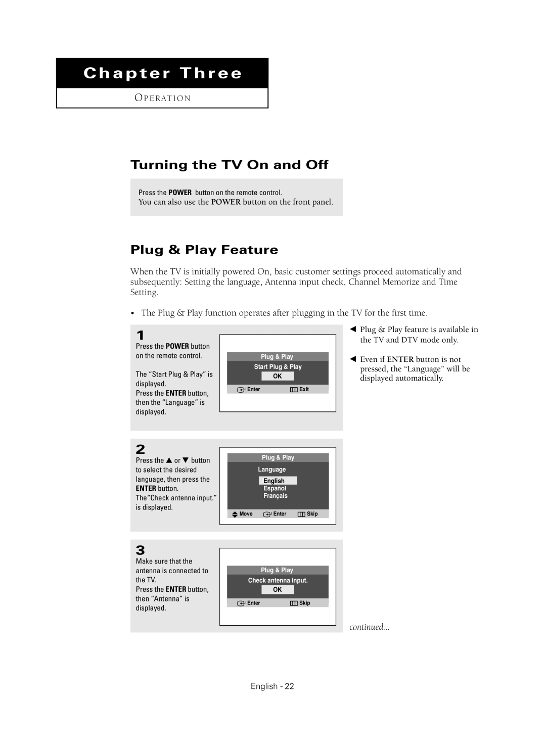 Samsung CL-29Z40MQ manual Turning the TV On and Off, Plug & Play Feature 