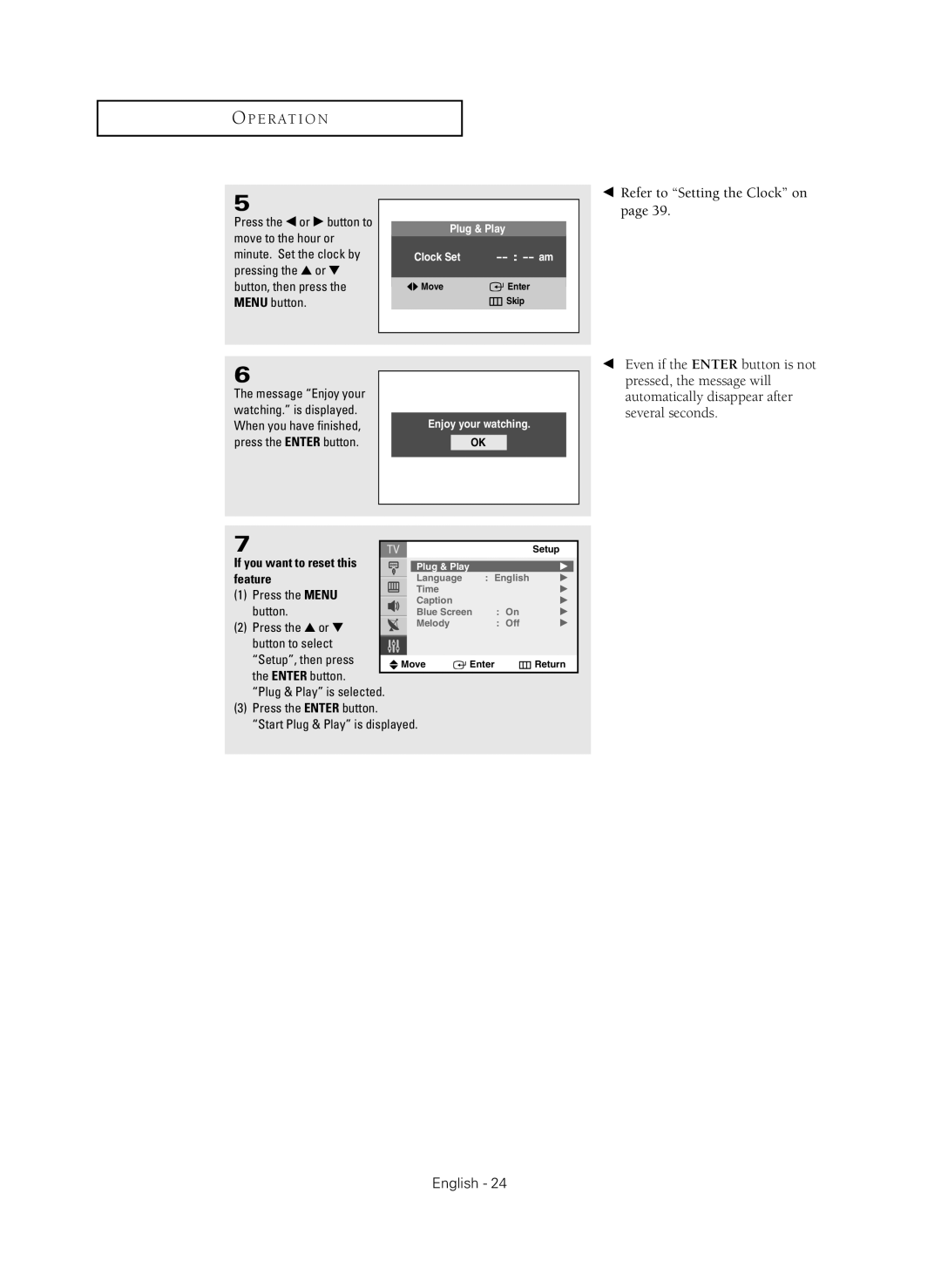 Samsung CL-29Z40MQ manual Refer to Setting the Clock on, Press the Enter button Start Plug & Play is displayed 