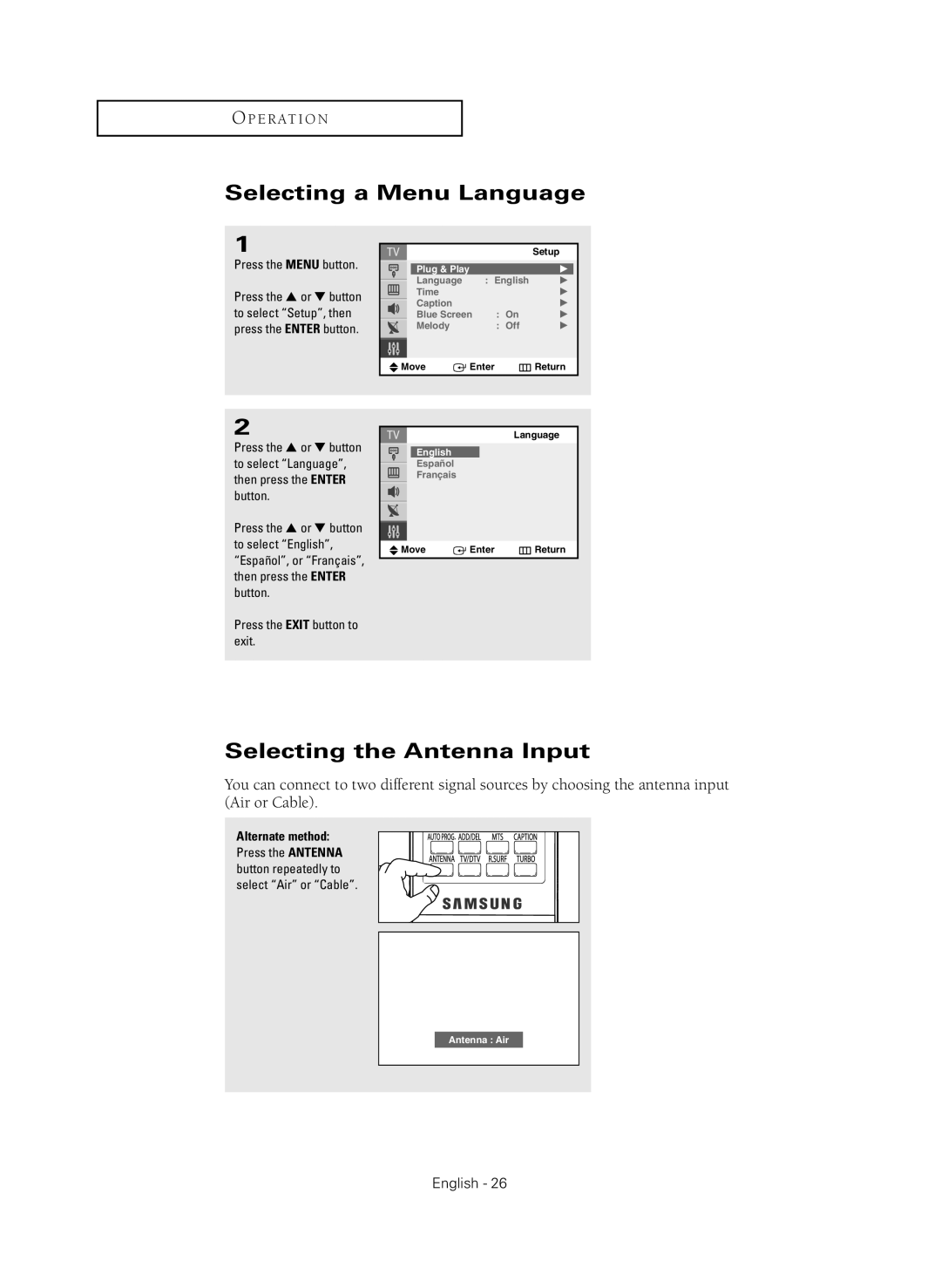 Samsung CL-29Z40MQ manual Selecting a Menu Language, Selecting the Antenna Input, Press the Menu button 