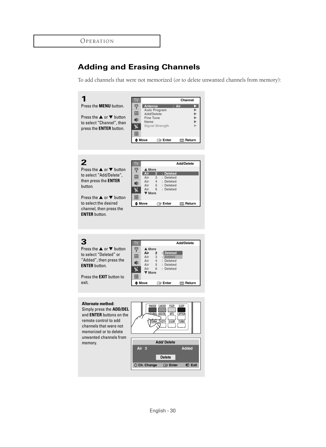 Samsung CL-29Z40MQ manual Adding and Erasing Channels, Press the Menu button 