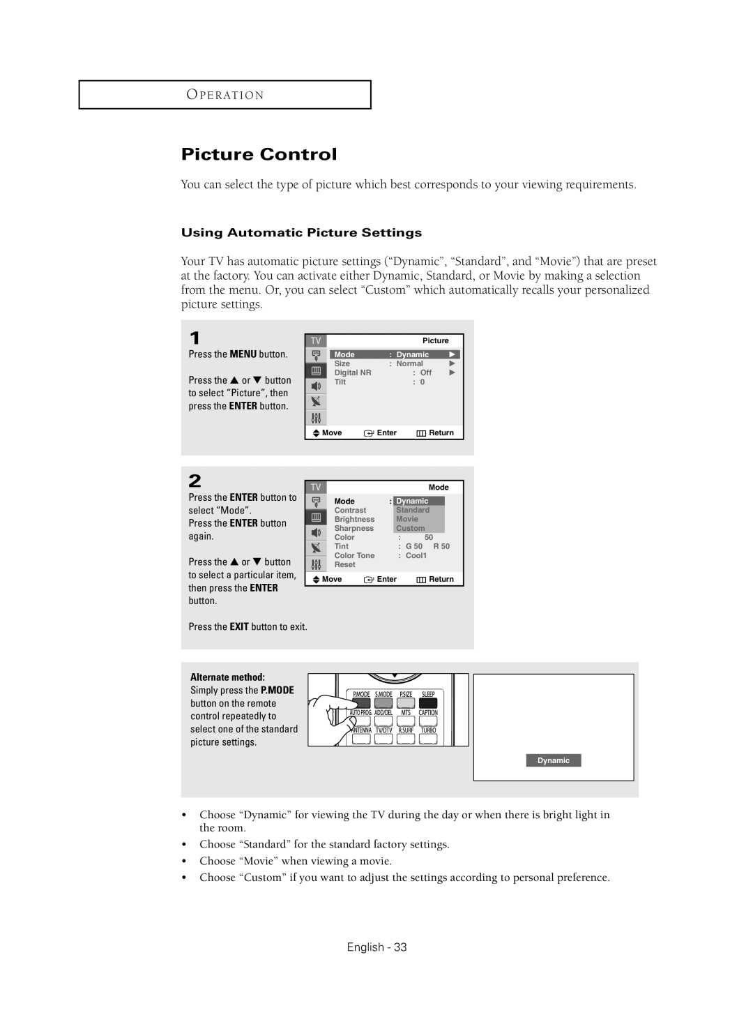 Samsung CL-29Z40MQ manual Picture Control, Using Automatic Picture Settings, Press the Enter button again 