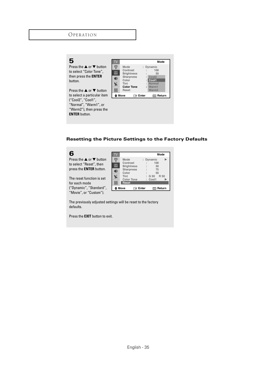 Samsung CL-29Z40MQ manual Resetting the Picture Settings to the Factory Defaults 