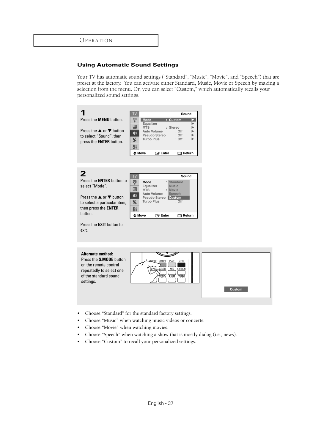 Samsung CL-29Z40MQ manual Using Automatic Sound Settings, Press the Menu button 